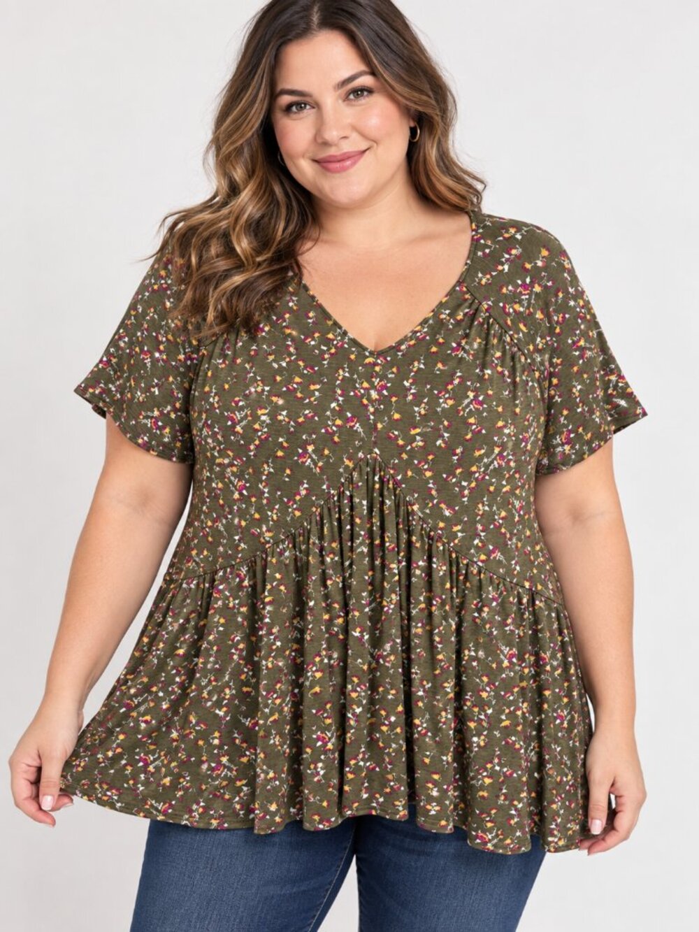 Lane Bryant Swing Tee 18/20 Olive Floral V Neck Babydoll Peplum Plus Size